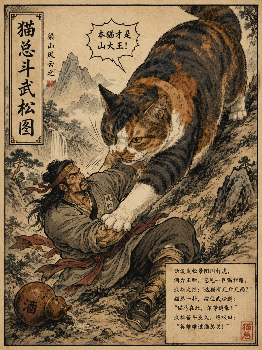 喵总斗武松图 — Cat Boss vs. Wu Song